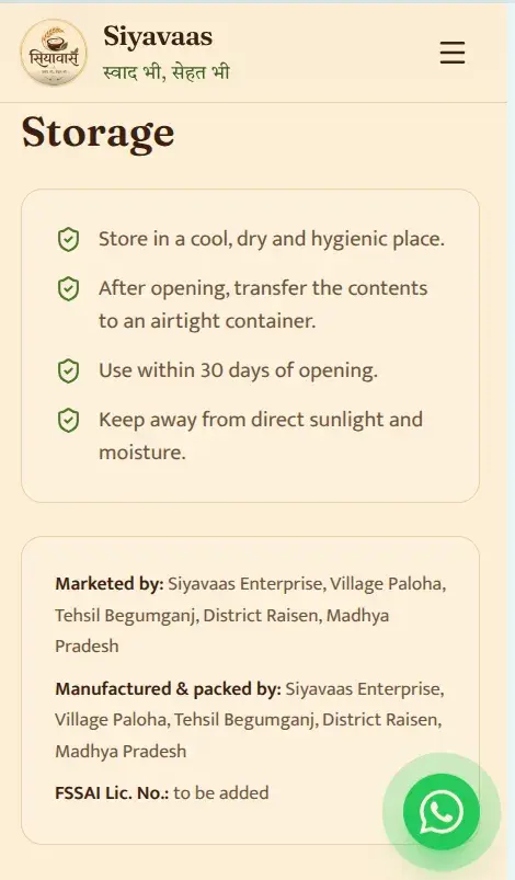 Siyavaas product details — storage instructions, manufacturer info, and FSSAI details